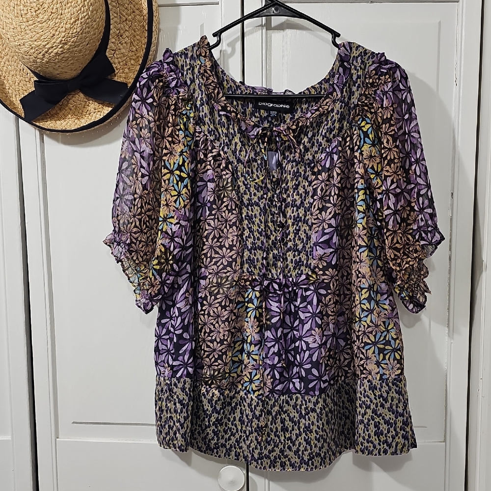 George Simonton Purple Floral Patchwork Peasant Top